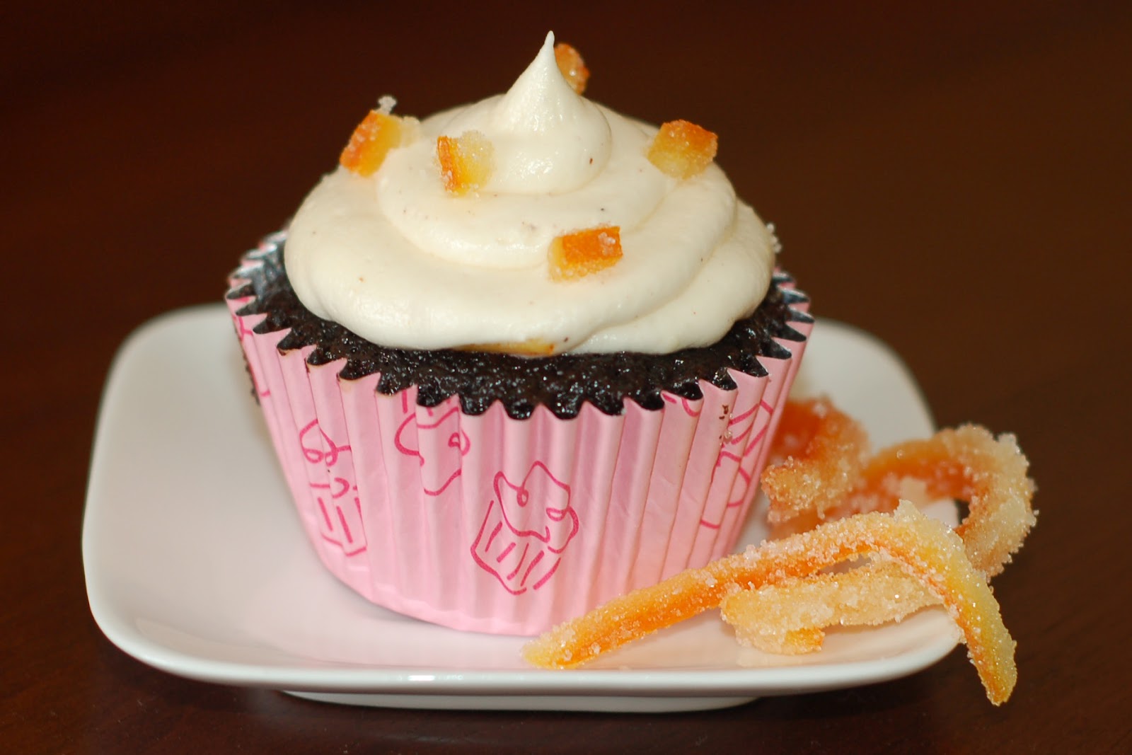 Dark Chocolate Orange Cupcakes topped with Orange Spice Buttercream and Candied Orange Peel