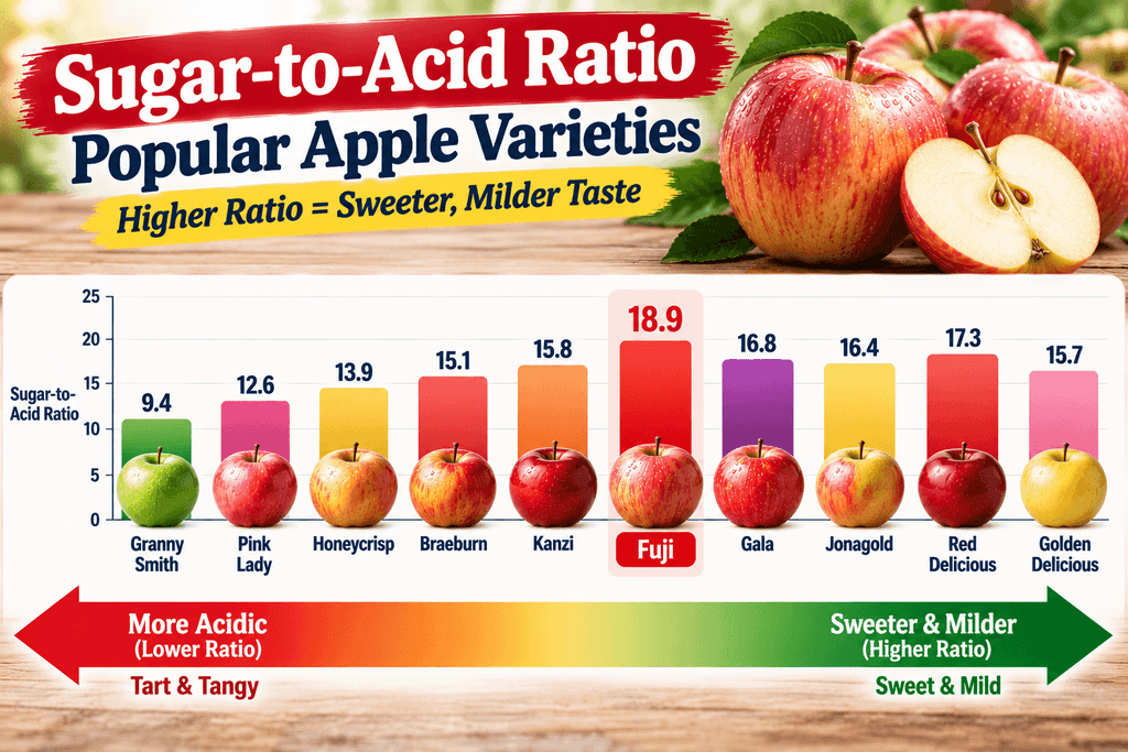 A sugar-to-acid ratio bar chart with Fuji highlighted