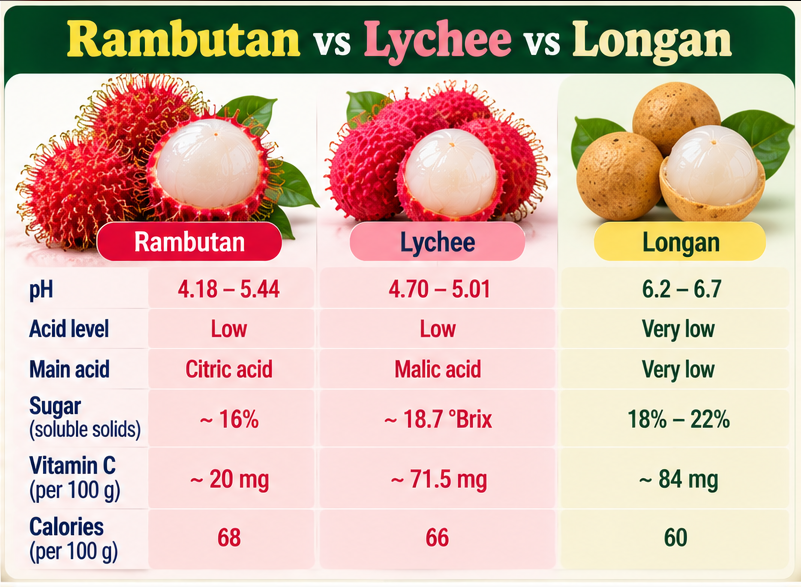 Rambutans vs lychees vs longans acidity comparison