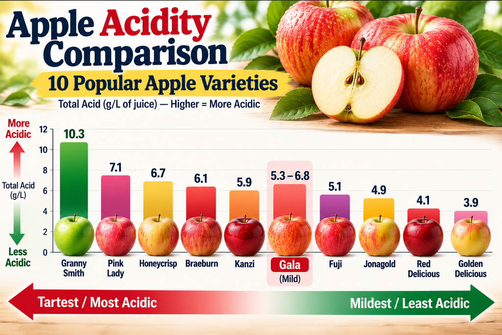 A 10-variety apple acidity bar chart with Gala highlighted