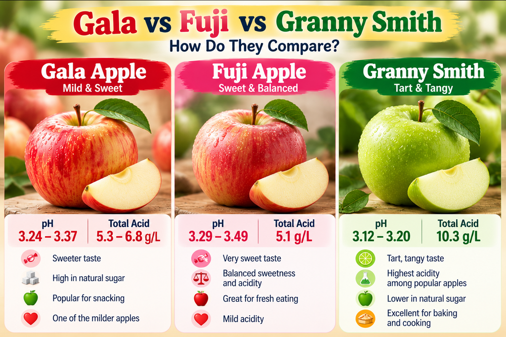 a Gala vs Fuji vs Granny Smith side-by-side graphic